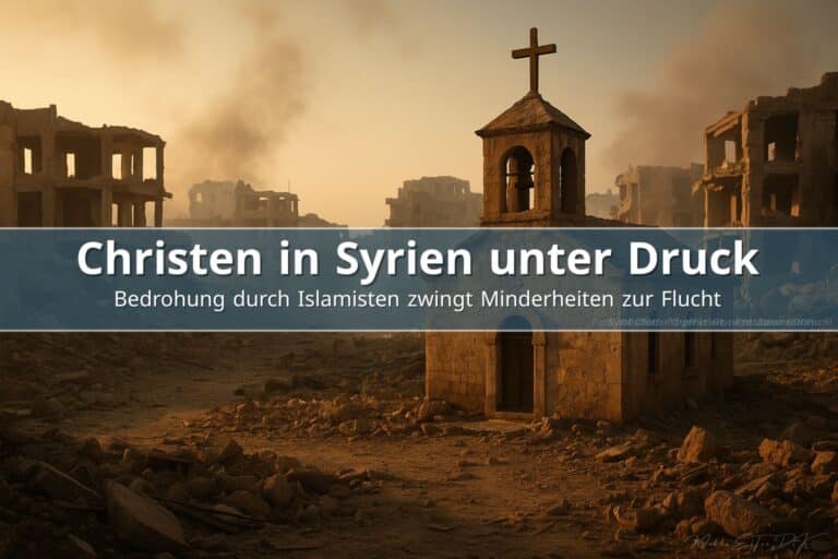 Christliche Kirche in zerstörter syrischer Stadtlandschaft bei warmem Licht