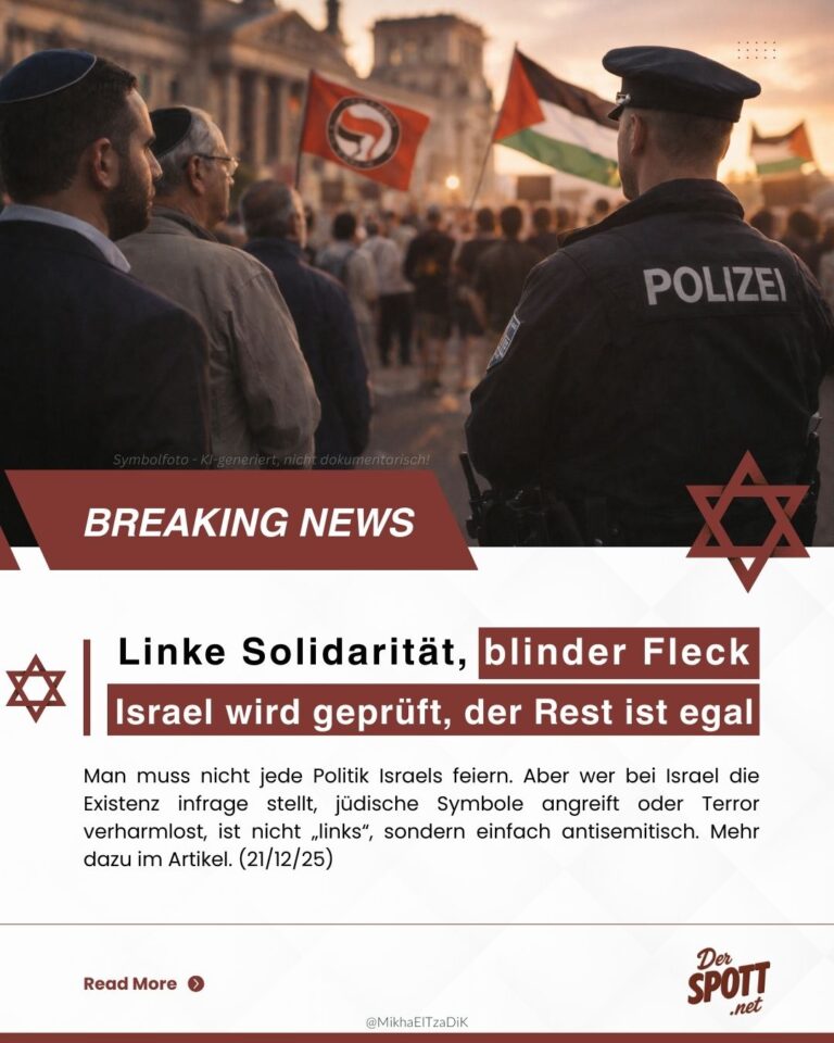 Instagram-News-Card: Polizist mit „POLIZEI“ vor Demo, Palästinaflagge und Antifa-Flagge, daneben Männer mit Kippa. Headline „Linke Solidarität, blinder Fleck“ und Subline „Israel wird geprüft, der Rest ist egal“, Der Spott Logo.