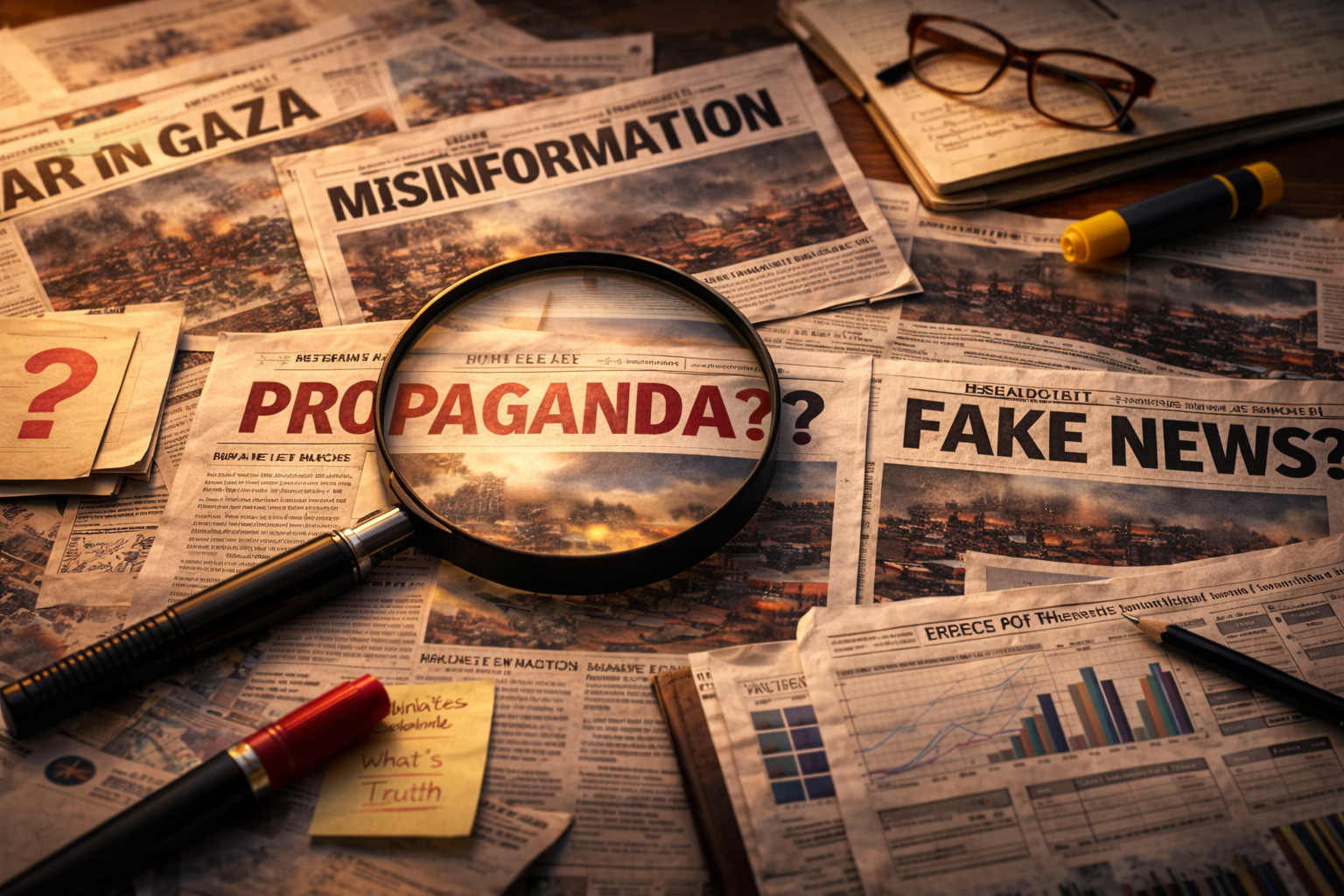 Zeitungsartikel mit Schlagworten wie Propaganda, Fake News, Misinformation und Gaza, darüber eine Lupe als Symbol für Medienanalyse und Faktenprüfung