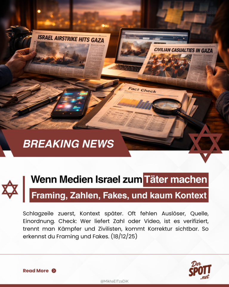 Instagram Card von Der Spott mit „Breaking News“ Banner, Zeitungsschlagzeilen zu Gaza, Laptop und Fact Check Unterlagen, Text: „Wenn Medien Israel zum Täter machen, Framing, Zahlen, Fakes, und kaum Kontext“