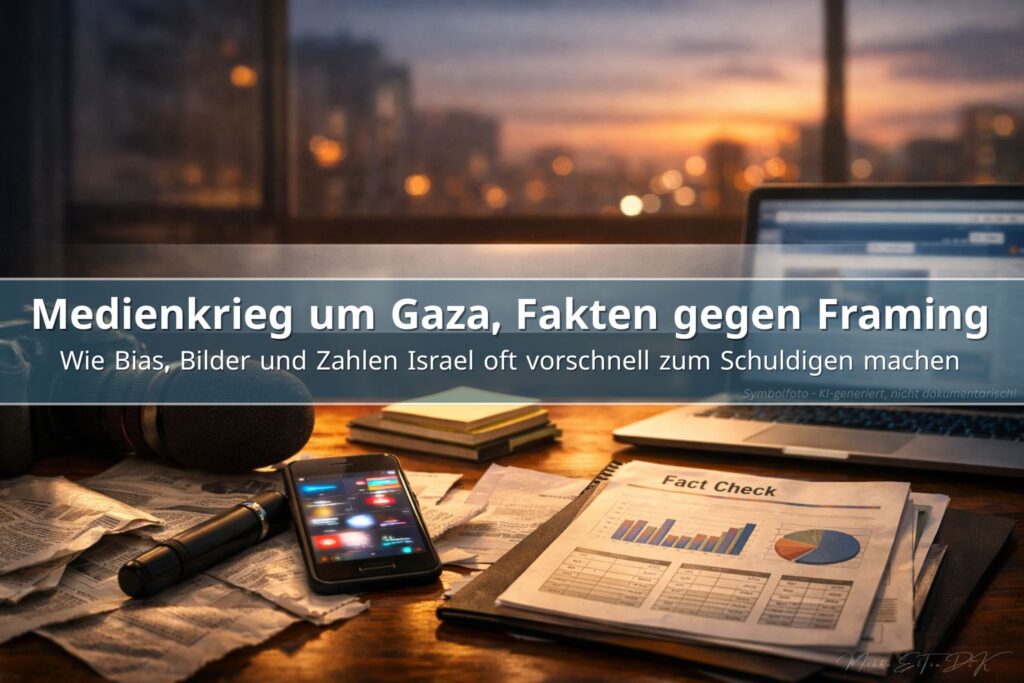 Newsroom Szene mit Kamera, Mikrofon und Fact Check Unterlagen als Symbol für Medienmanipulation im Nahostkonflikt
