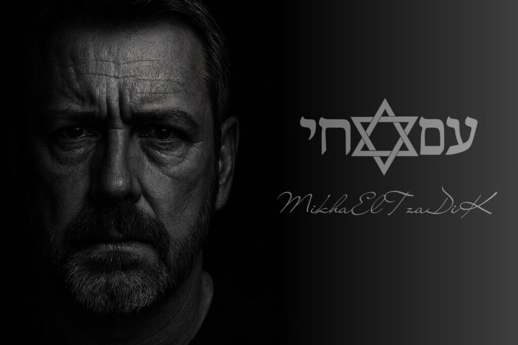 Porträt von MikhaElTzaDiK in schwarzweiß mit Davidstern, hebräischem Schriftzug „עם חי“ und Signatur.
