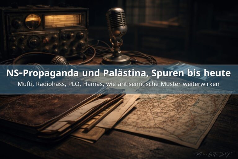 NS Propaganda und Palästina, Titelbild mit historischem Radio, Mikrofon und Kartenmaterial