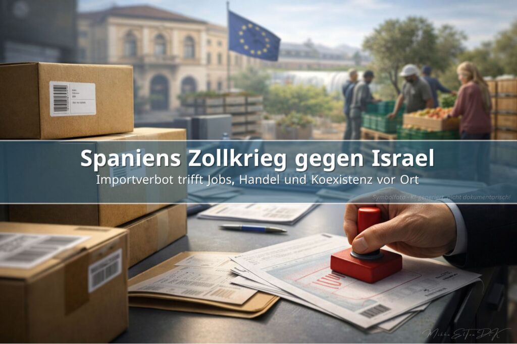 Spaniens Importverbot Siedlungsprodukte: Zollstempel, EU-Flagge und Warenkisten als Symbol für Sanktionen gegen Israel