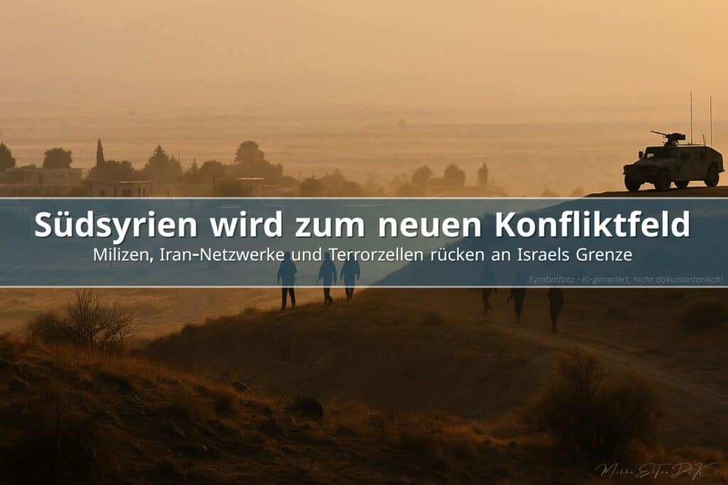 Grenzgebiet in Südsyrien mit Militärfahrzeug und Miliz-Silhouetten bei warmem Abendlicht