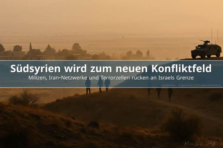 Grenzgebiet in Südsyrien mit Militärfahrzeug und Miliz-Silhouetten bei warmem Abendlicht