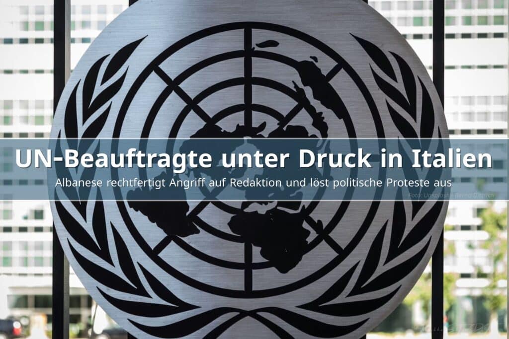 UN-Emblem vor Gebäude in New York, Symbol der internationalen Diplomatie