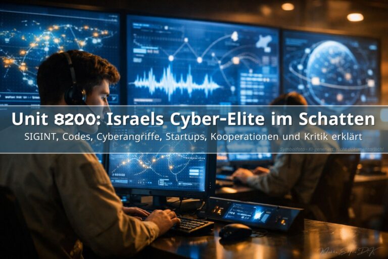 Unit 8200 Symbolbild: Cyber- und SIGINT-Operationsraum der IDF mit Analysten und Datenanzeigen