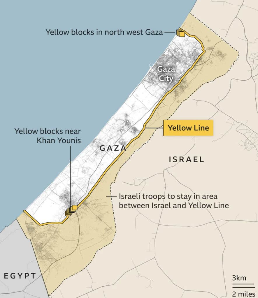 Yellow Line Gaza: Was Israels operative Linie wirklich bedeutet 2 Karte des Gazastreifens mit markierter Yellow Line sowie Positionen israelischer Truppen und gelben Markierungsblöcken in Gaza, basierend auf IDF und OpenStreetMap.