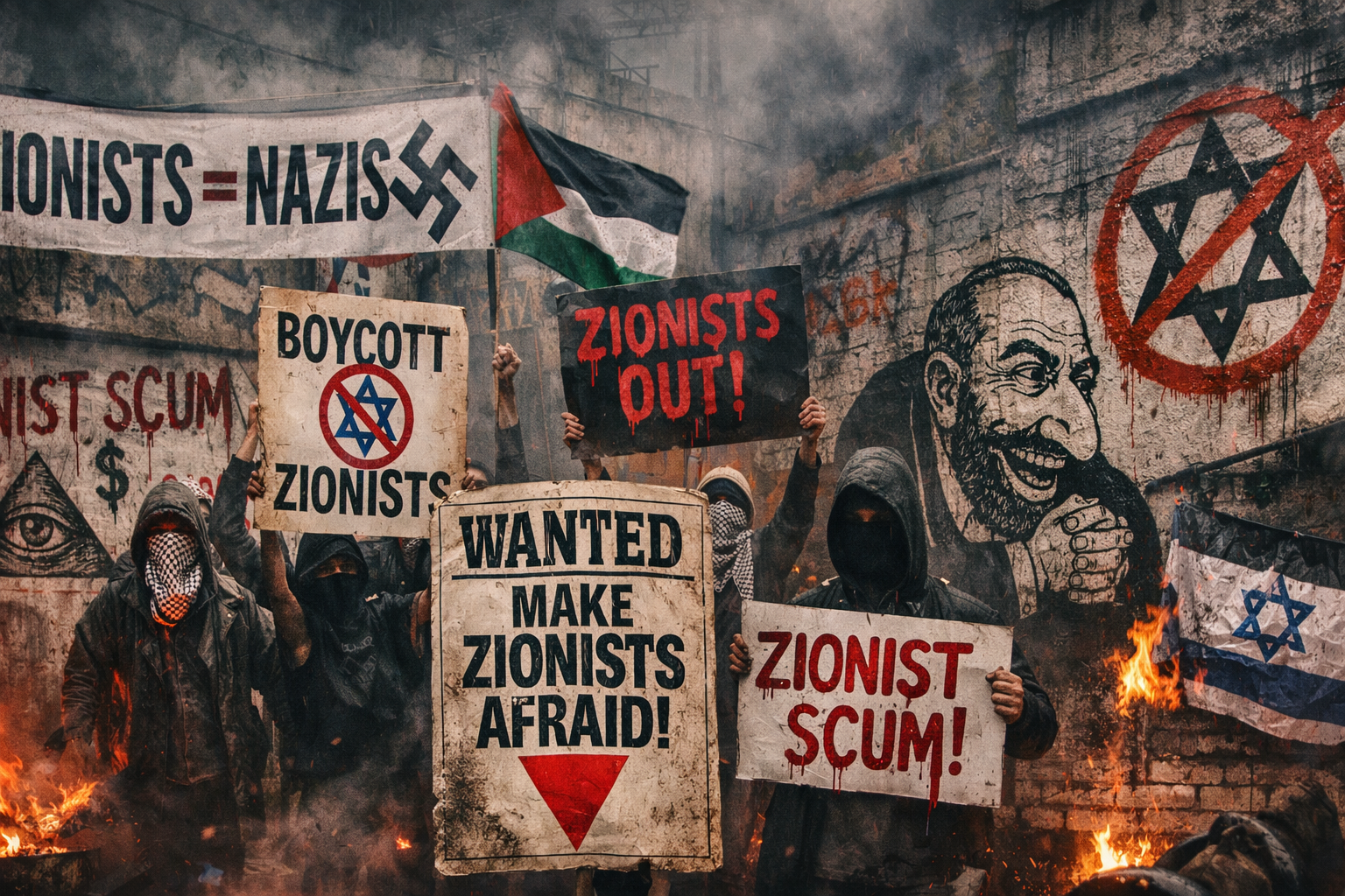 Panorama einer Straßenszene mit Demonstranten, aggressiven anti-zionistischen Parolen, rotem Dreieck, Rauch und Einschüchterungsoptik