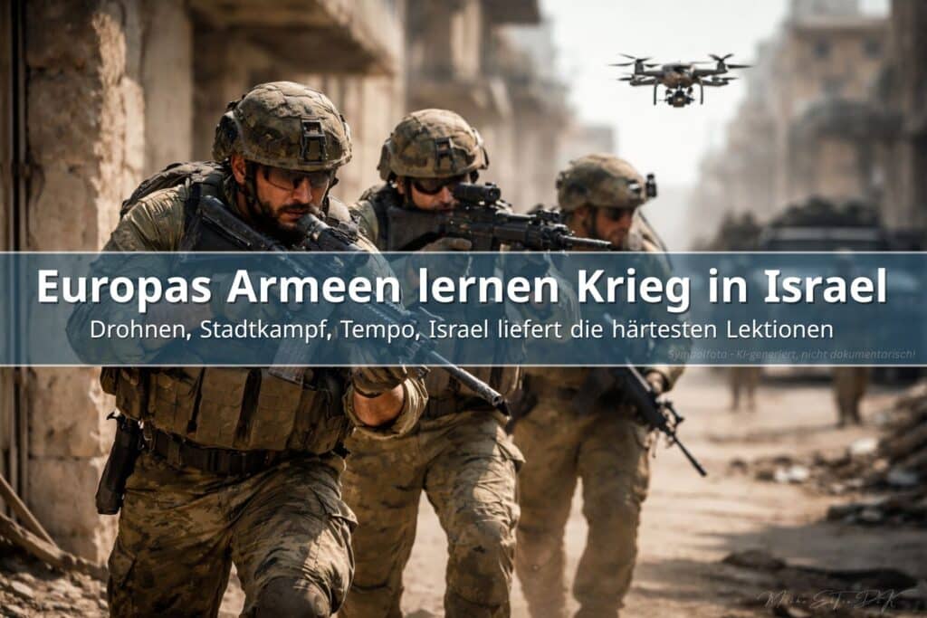 Moderne Kriegsführung in Israel mit israelischen Soldaten bei urbaner Gefechtsübung und Drohneneinsatz