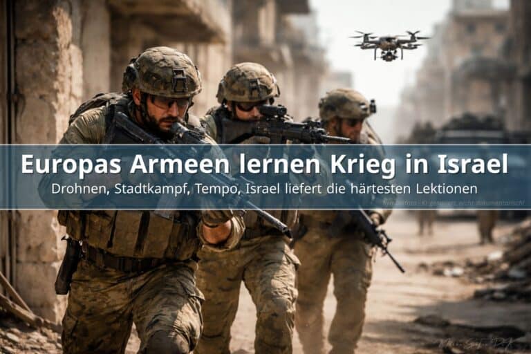 Moderne Kriegsführung in Israel mit israelischen Soldaten bei urbaner Gefechtsübung und Drohneneinsatz