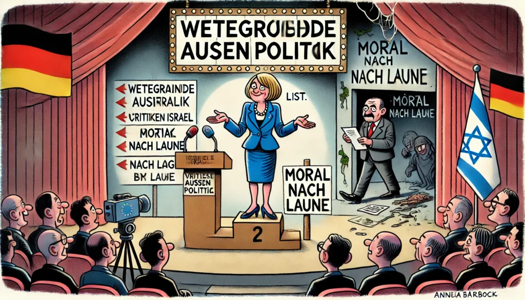 Satirische Illustration von Annalena Baerbock vor einem großen Schild mit der Aufschrift „Wertegeleitete Außenpolitik“. Links im Bild leuchtet ein Spotlight auf „Kritik an Israel“, flankiert von Mikrofonen und neugierigen Journalisten. Rechts liegt „Kritik an Erdogan“ im Dunkeln, mit Spinnweben und einem unbeachteten Warnschild. Baerbock steht in der Mitte, zuckend mit den Schultern und hält eine Liste mit dem Titel „Moral nach Laune“.