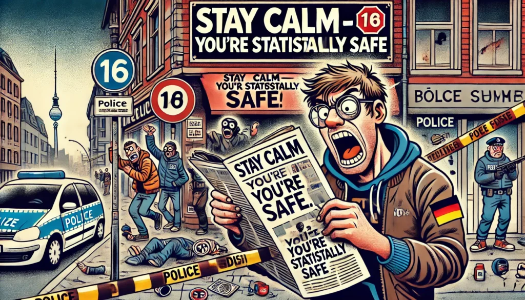 Satirisches Comic-Bild zeigt chaotische Stadtszene mit Gewalt, Polizei, aufgebrachten Bürgern und einem Mann, der eine Zeitung mit der Schlagzeile „Stay calm – you're statistically safe“ liest