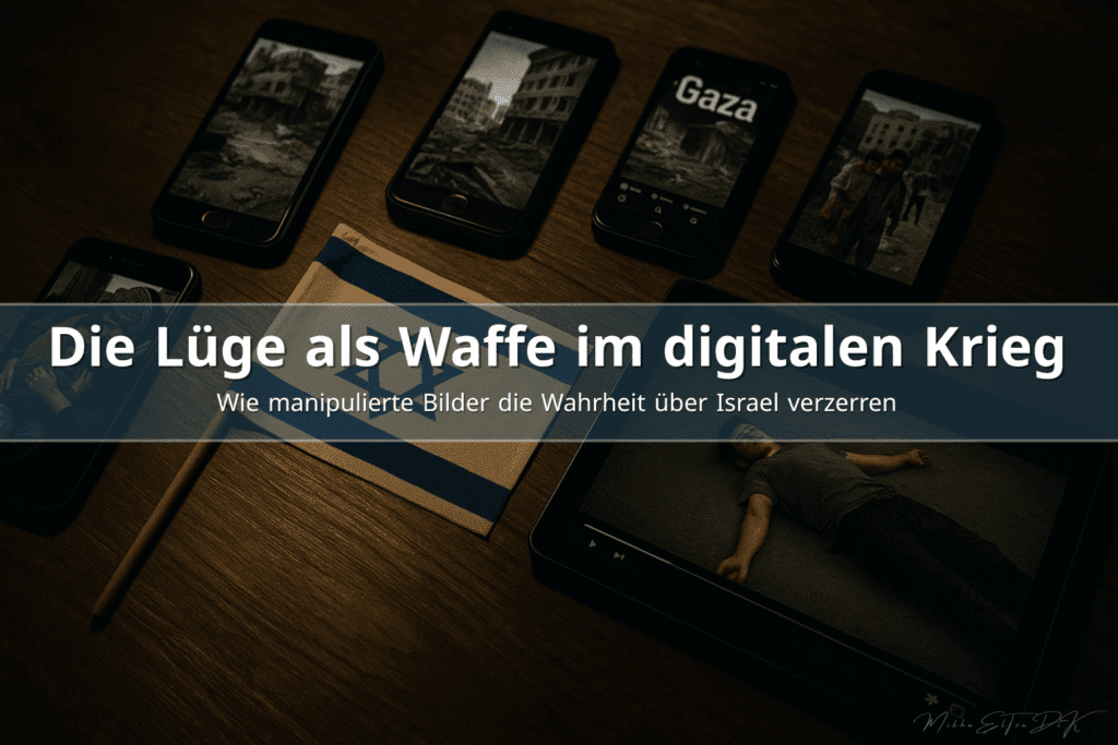 Dokumentarisches 16:9 Foto: Dunkler Holztisch mit Smartphones, die Gaza-Propaganda und manipulierte Posts zeigen, daneben eine halb beleuchtete israelische Flagge und ein Tablet mit gestellter Videoaufnahme.