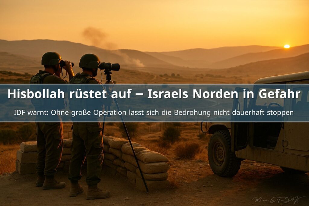 DF-Soldaten beobachten bei Sonnenuntergang die israelisch-libanesische Grenzregion, mit gepanzertem Jeep im Vordergrund und Rauchfahnen im Hintergrund.