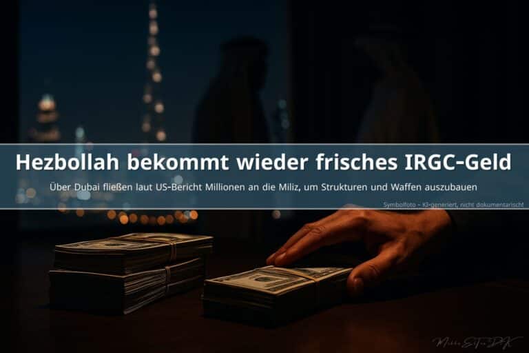 Diskrete Geldübergabe vor der nächtlichen Skyline von Dubai als Symbol für verdeckte IRGC-Hezbollah-Finanzierung