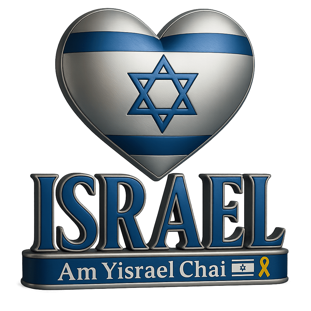 Herz in Israel-Farben mit Davidstern und Schriftzug „Israel - Am Yisrael Chai“