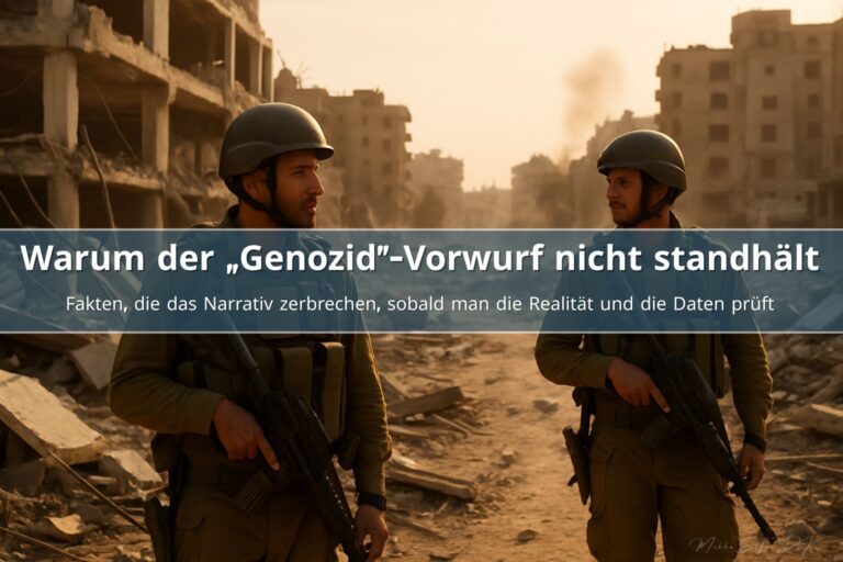Zwei israelische Soldaten sichern ein zerstörtes Stadtgebiet in Gaza bei warmem Spätlicht, dokumentarischer Stil.