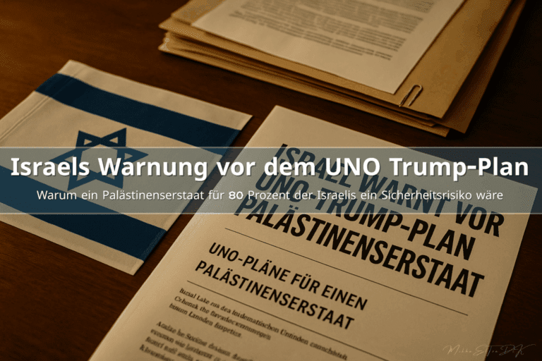 Dokumentarisches Titelbild mit israelischer Flagge und Unterlagen zum UNO-Trump-Plan für einen Palästinenserstaat.