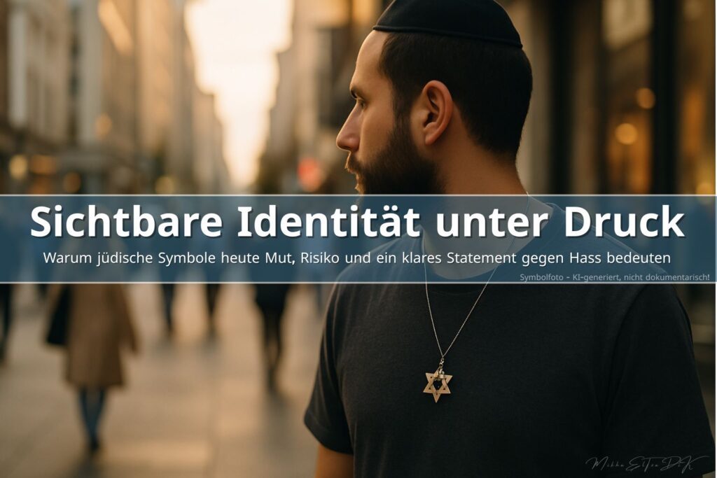 Jüdischer Mann mit Davidstern-Kette in einer Großstadt bei warmem Abendlicht