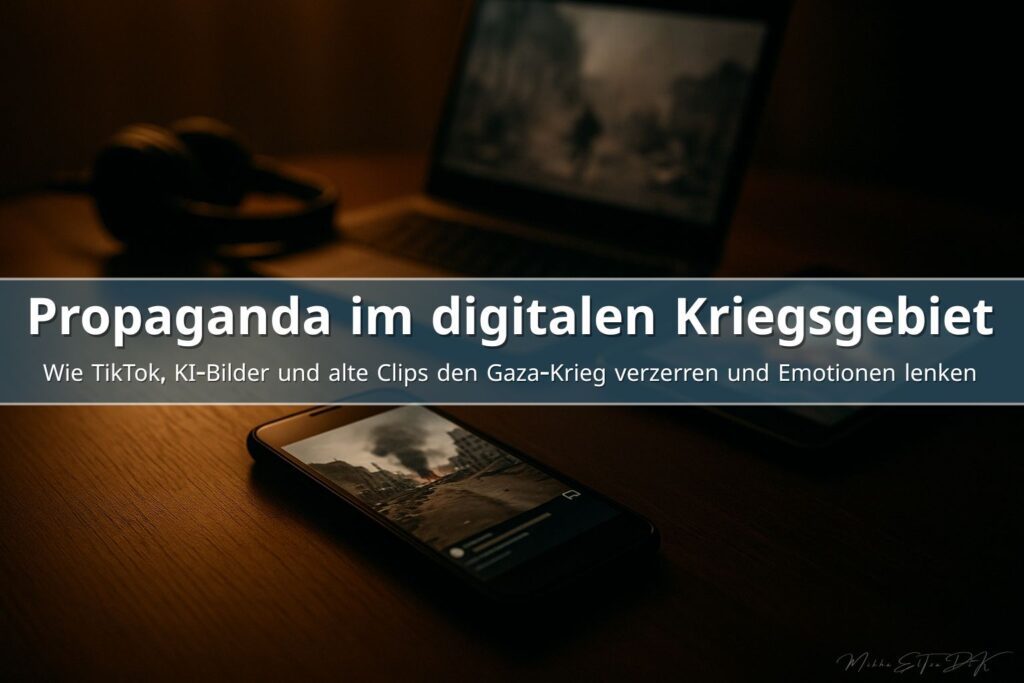 Digitale Propaganda Gaza - Wie Social Media den Krieg verzerrt 4 Smartphone zeigt Kriegsbilder in Social-Media-Feed, umgeben von Laptop und Tablet im warmen Licht