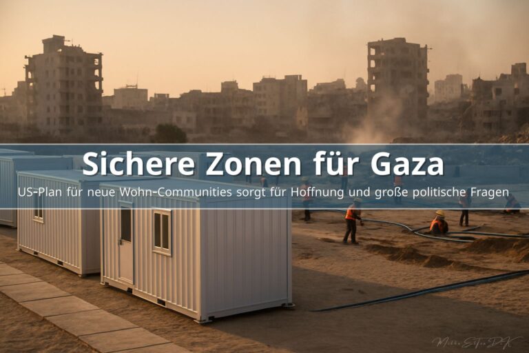 Modulare Wohncontainer in Gaza vor zerstörter Stadtkulisse bei warmem Abendlicht