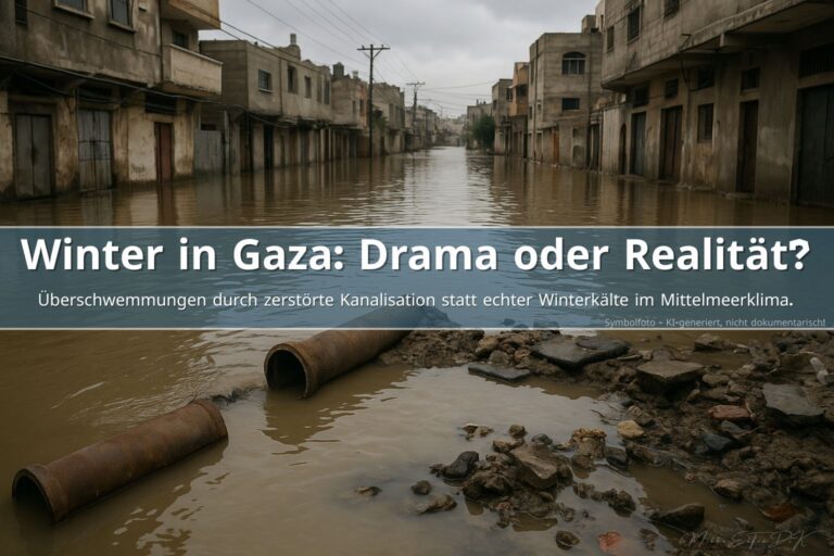 Überschwemmte Straße in Gaza mit freigelegten Rohren und zerstörter Infrastruktur nach starkem Regen