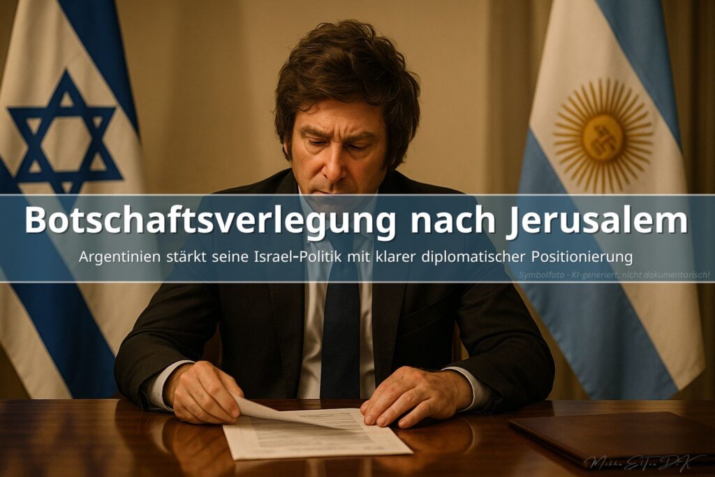 Argentiniens Präsident Javier Milei bei diplomatischem Gespräch mit israelischer Flagge im Hintergrund