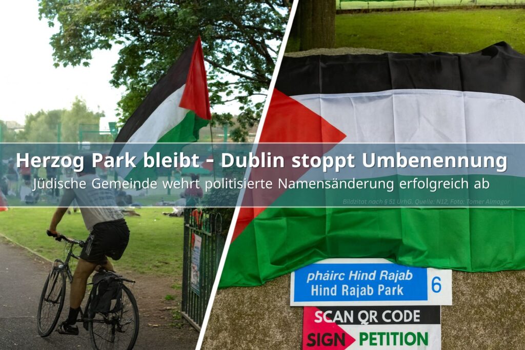Pro-palästinensische Fahnen im Hind Rajab Park während einer Aktion mit Petition