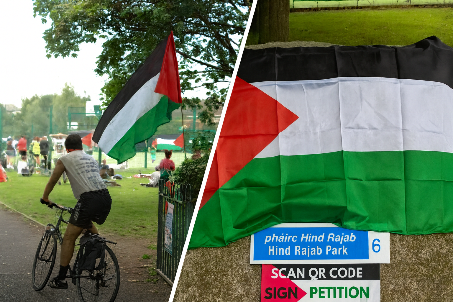 Pro-palästinensische Fahnen im Hind Rajab Park während einer Aktion mit Petition